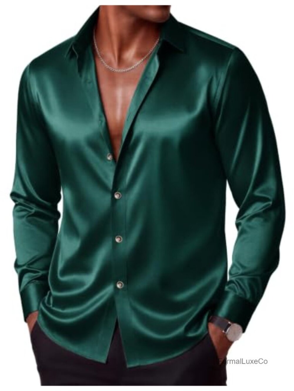 Mens Silk Satin Long Sleeve Button Down Dress Shirt Regular Fit